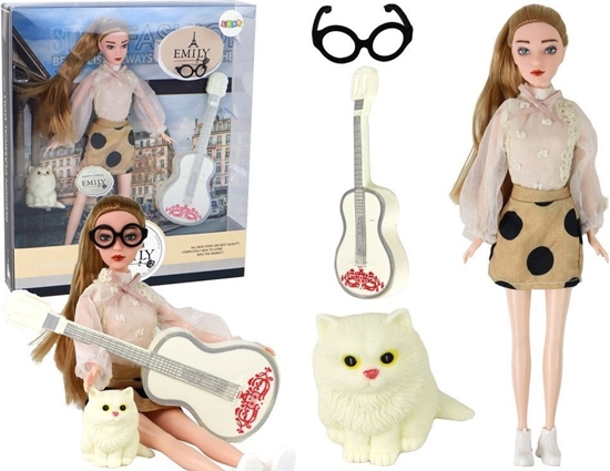 Picture of LeanToys Lalka Dla Dzieci Emily z Gitar Okulary Dugie Blond Wosy Kotek