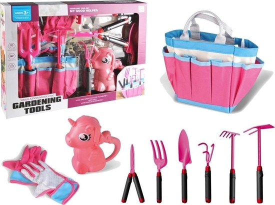 Изображение LeanToys Zestaw Ogrodowy Torba Narzdzia Rkawiczki Grabki Róowy Jednoroec