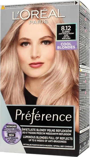 Изображение LOreal Paris Preference Farba do wosów 8.12 Alaska - Jasny Popielaty Beowy Blond 1op.