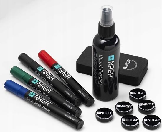 Picture of NAGA Startsæt best. af 1 tavlerens 1 tavlesvamp 6 NAGA magneter 4 markere (sort, rød, blå, grøn) Multi 7,5x5x11,5mm (1stk)