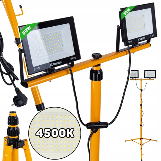 Изображение Nawietlacz LED 2x50W ze statywem budowlanym teleskopowym i przewodem  barwa biaa neutralna 4500K (1)