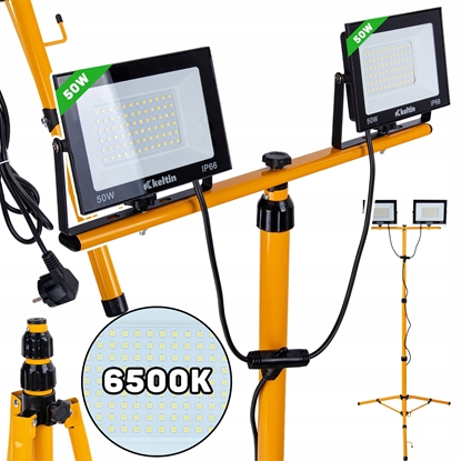 Изображение Nawietlacz LED 2x50W ze statywem budowlanym teleskopowym i przewodem  barwa biaa zimna 6500K (1)