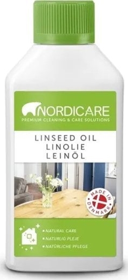 Picture of nordicare Nordicare LINSEED OIL is a vegetable oil for treatment and maintenance of all solid wood. The oil leaves a 100% biological surface and underlines the original natural structure of the wood. Provides the surface with a beautiful, long-lasting an