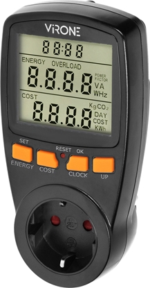 Picture of Orno Dwutaryfowy watomierz, kalkulator energii z wywietlaczem LCD, 2 oddzielne taryfy, wewntrzny akumulator, wersja Schuko, czarny