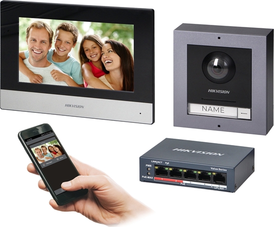 Picture of Orno HIKVISION DS-KIS602(B) zestaw wideodomofonowy PoE jednorodzinny z monitorem dotykowym 7" z WiFi, panelem zewntrznym z kamer FullHD i PoE switch