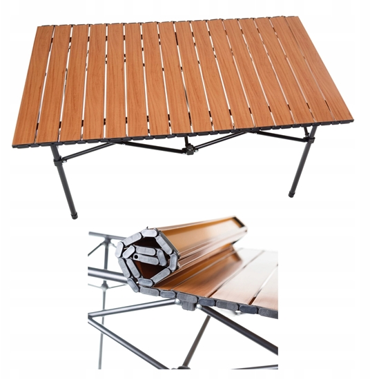 Изображение PLATINET CAMPING TABLE FOLDING,  ROLLABLE TOP, 93X54X50 CM, WOODEN COLOR, BLACK LEGS [45963]