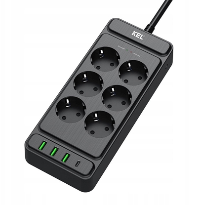 Picture of Przeduacz stay z szeciokrotnym gniazdem wtyczkowym 2p+Z oraz gniazdami USB A, USB C, 2m, SCHUKO ; KEL