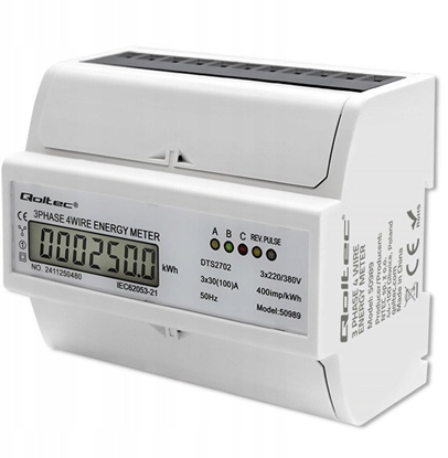 Изображение Qoltec 3-Fazowy dwukierunkowy elektroniczny licznik | miernik zuycia energii na szyn DIN | 400V | 100A | LCD | 4P