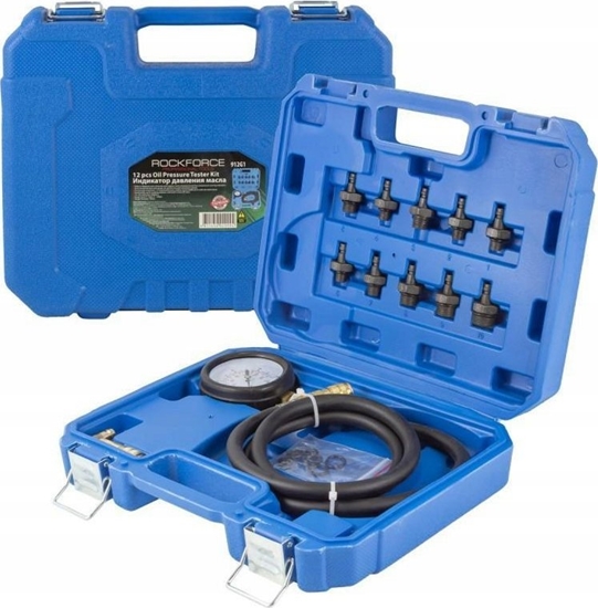 Picture of Rockforce Tester cinienia oleju w komplecie z gwintowanymi adapterami przejciówkami (0-10bar) 12el. w walizce