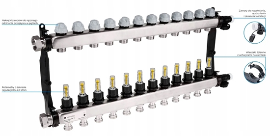 Изображение Rozdzielacz ProCalida VA 1C ze stali nierdzewnej, 12 obiegów , nakrtki G1 0,5 - 4,0 l/minA