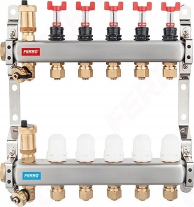 Picture of Rozdzielacz ze stali nierdzewnej 1 11-drogowy z zaworami termostatycznymi, przepywomierzami, odpowietrznikami automatycznymi, zaworami spustowymi, nyplami 1/2 i zczkami do rur wielowarstwowych 16x2 mm