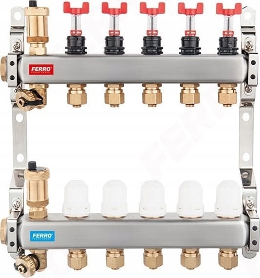 Picture of Rozdzielacz ze stali nierdzewnej 1 11-drogowy z zaworami termostatycznymi, przepywomierzami, odpowietrznikami automatycznymi, zaworami spustowymi, nyplami 1/2 i zczkami do rur wielowarstwowych 16x2 mm