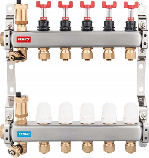 Picture of Rozdzielacz ze stali nierdzewnej 1 2-drogowy z zaworami termostatycznymi, przepywomierzami, odpowietrznikami automatycznymi, zaworami spustowymi, nyplami 3/4