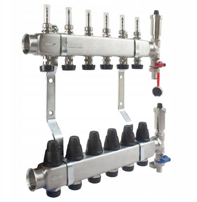 Picture of Rozdzielacz ze stali nierdzewnej INOX 13-drogowy z przepywomierzami, zaworami termostatycznymi, zaworami spustowymi i odpowietrznikami automatycznymi