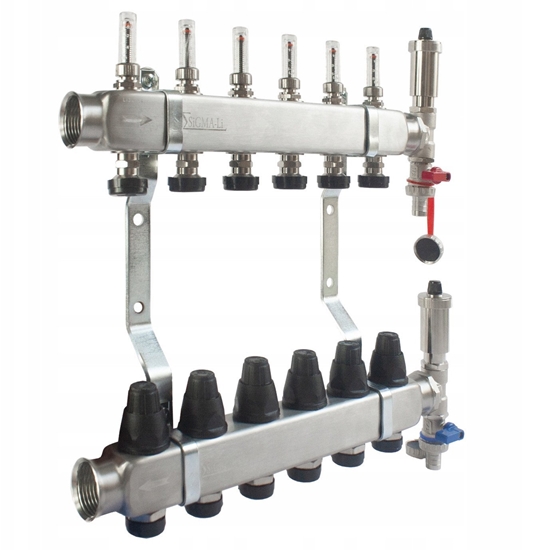 Picture of Rozdzielacz ze stali nierdzewnej INOX 14-drogowy z przepywomierzami, zaworami termostatycznymi, zaworami spustowymi i odpowietrznikami automatycznymi