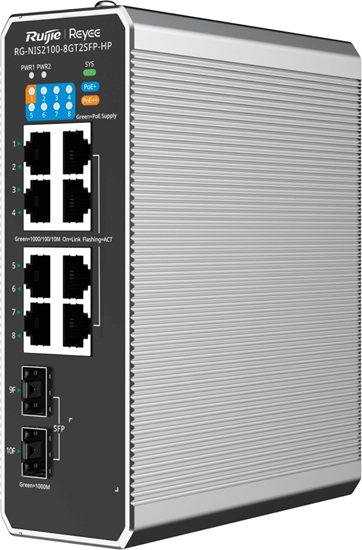 Picture of Ruijie Reyee RG-NIS2100-8GT2SFP-HP| Switch zarzdzalny przemysowy, 10 portów, 8xGE, 1xPoE++, 7xPoE+, 300W, 2xSFP, L2, Cloud