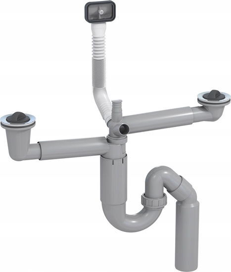 Picture of Syfon Rawiplast Syfon zlewozmywakowy rurowy, podwójny,70mm, korki gumowe,przelew, przy. pralka, pod. 40/50mm