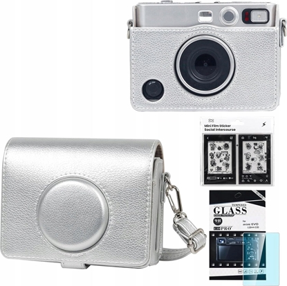Picture of Srebrne Etui Pokrowiec Futera + Szko 9h + 10x Naklejki Do Fujifilm Instax Mini Evo