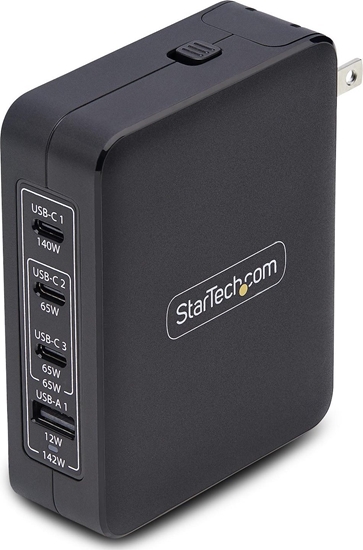 Picture of StarTech.com 140W USB-C Wall Charger, USB-C/USB-A, PD GaN Power Adapter - Netzteil - GaN-Technologie - 140 Watt - 5 A - Power Delivery 3.1 - 4 Ausgabeanschlussstellen (USB, 3 x USB-C) - Schwarz