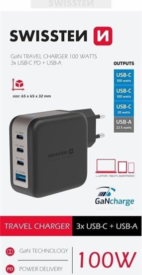 Picture of adowarka Swissten Travel Charger GaN 3x USB-C PD 100W / USB-A 18W QC