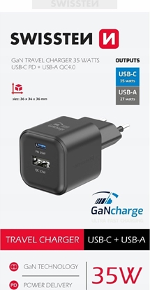 Изображение Swissten Travel Charger GaN USB-C 35W PD / USB-A 27W QC