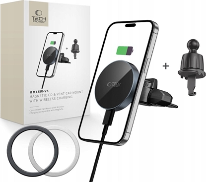 Attēls no TECH-PROTECT MM15W-V5 MAGNETIC MAGSAFE CD & VENT CAR MOUNT WIRELESS CHARGER 15W BLACK/BLACK