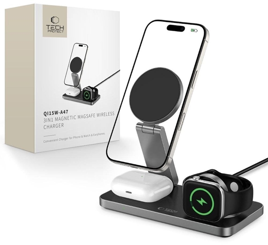 Picture of TECH-PROTECT QI15W-A47 3IN1 MAGNETIC MAGSAFE WIRELESS CHARGER BLACK