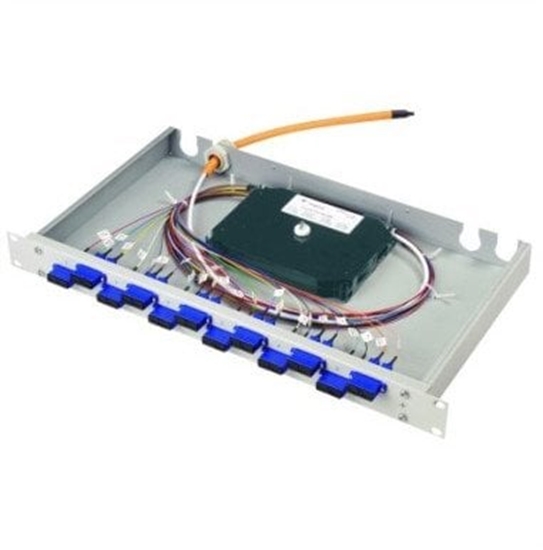 Picture of TELEGRTNER 19 FO-PP BAS-ECO 1U 12 LCD OM3 PT, z zamontowanymi adapterami i kolorowymi pigtailami