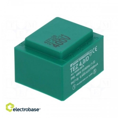 Изображение Transformators: iekapsulēts | 4VA | 400VAC | 9V | 444,4 mA | Montāža: PCB