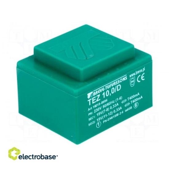 Изображение Transformer: encapsulated; 10VA; 230VAC; 15V; 15V; 333.3mA; 333.3mA