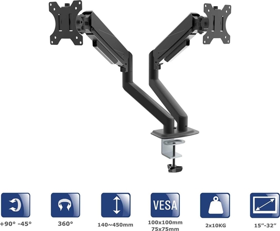 Picture of Uchwyt biurkowy na dwa monitory Akyga AK-MB-06 regulowane ramiona gazowe VESA 75x75mm / 100x100mm 15-32"