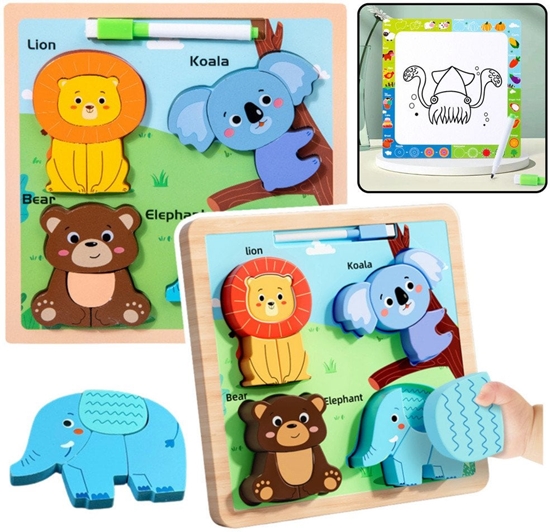 Picture of Ukadanka Tablica 2w1 Drewniana Edukacyjna Dzikie Zwierzta Pisak