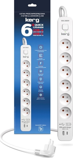 Picture of Urzdz. zas.-zabezpiecz. KERG z wycznikiem-6 gniazd-USBC+USBA-biao-szary-1,5m-16A-H05VV-F-3x1,5mm2 one size