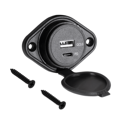 Изображение USB un USB C tipa automašīnas lādētājs ar Ātrās uzlādes un Power Delivery funkcijām