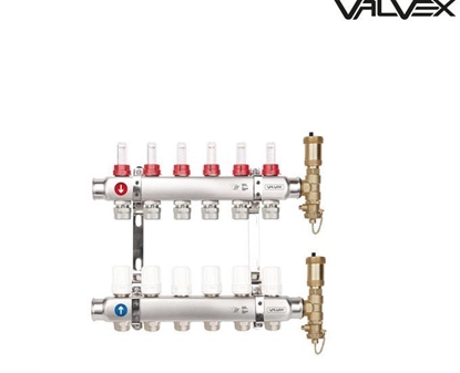 Изображение Valvex Rozdzielacz K5 PLUS-10 G1-G3/4 n=10 10 obw ,belka stalowa G1 x 2szt uchwyty do rozdzielacza x 1 kpl. zczka redukcyjna G 1/2 x G 3/4 przepywomierz G 1/2 zawór termostatyczny G 1/2 grupa bezpieczestwa rozdzielacza G1+ ZCZKA V-PEX 16x3/4