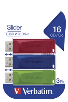 Attēls no Verbatim Slider - USB Drive - 3x16 GB - Blue/Red/Green