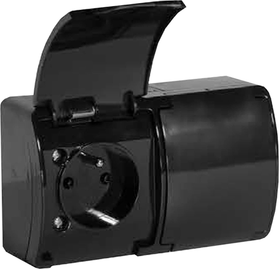 Picture of ViPlast Gniazdo natynkowe podwójne z uziemieniem, z klapk VIPLAST KOALA CZARNE IP44 162-05