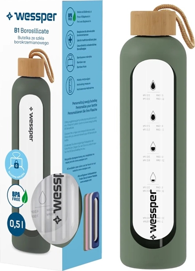 Изображение Wessper Wessper B1 Borosilicate 500 ml Szklana butelka na wod z miark motywacyjn z oliwkowym etui