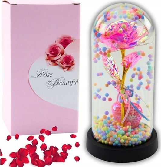 Picture of Wieczna Róa w Kopule z Owietleniem LED Róowa z Serduszkiem i Kuleczkami