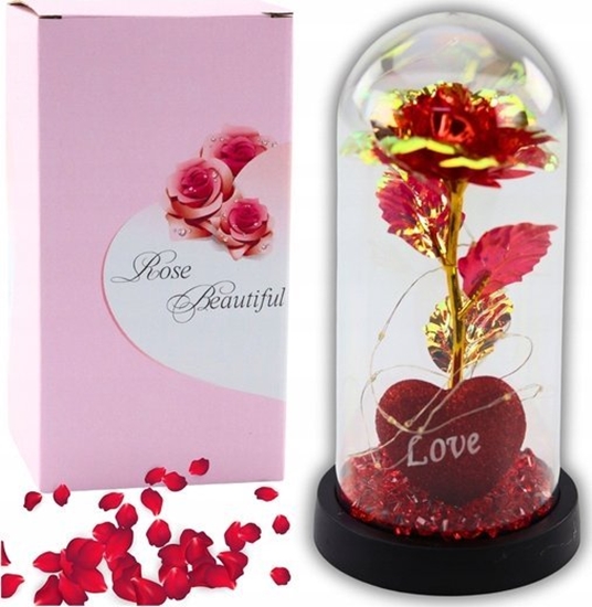 Picture of Wieczna Róa w Kopule z Owietleniem LED Sercem Koralikami Czerwona 21x11cm