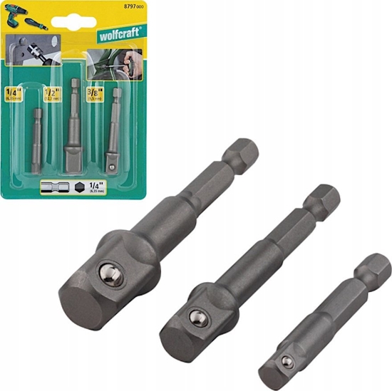 Изображение Wolfcraft 1 zestaw 3 adapterów do kluczy nasadowych  1/2 , 3/8 cala, 1/4 cala, trzpie 6-ktny