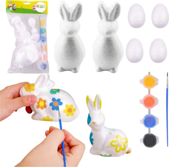 Picture of Zestaw Do Malowania Styropianowych Ozdób 2 Zajce 4 Jajka Farby LEAN TOYS