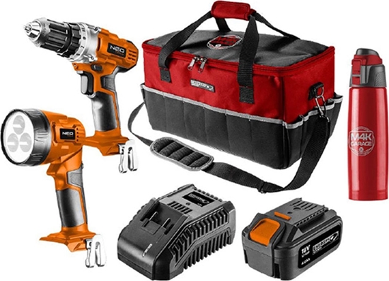 Picture of Zestaw elektronarzdzi Graphite Zestaw narzdzizasilanie akumulatorem, 04-600-M4K, wiertarka/latarka/bateria/adowarka/termos/torba, 18V, 6 elementów, Neo Tools