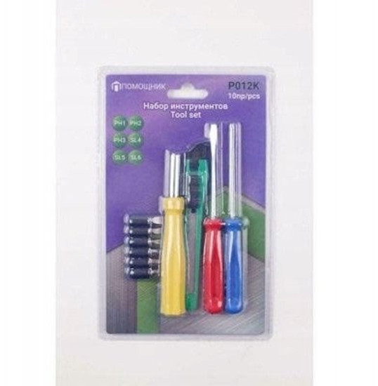 Picture of Zestaw narzdzi 10el. Bity: PH1,2,3, SL 4,5,6mm, uchwyt bitów 120mm, wkrtaki: PH1x75mm, SL 4x72mm, nó amany)
