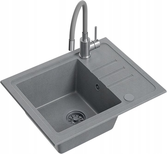 Picture of Zlewozmywak BEN 116 zlewozmywak granitowy silver stone 55x44 z szar bateri z elastyczn wylewk, z szarym syfonem i szar zalepk