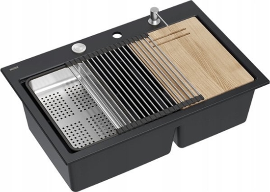 Picture of Zlewozmywak GraniteQ MARC 120 WORKSTATION GraniteQ zlewozmywak 2-komorowy 760*500*235 mm pure carbon + syfon push to open + dozownik stal szcz.+ wkadka ociekowa+ Qmata +d