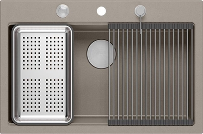 Picture of Zlewozmywak GraniteQ Zlewozmywak granitowy MARC 1-komorowy 76x50 cm szarobeowy/soft taupe + elementy stal szlachetna