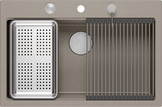 Picture of Zlewozmywak GraniteQ Zlewozmywak granitowy MARC 1-komorowy 76x50 cm szarobeowy/soft taupe + elementy stal szlachetna