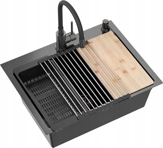 Picture of Zlewozmywak QUADRON LUKE 110 WORKSTATION zlewozmywak black metal (58x45x20) z syfonem 1-komorowy b/o + Qmata + Wkadka + Dozownik + Deska + bateria z elastyczn w