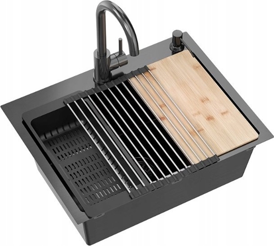 Picture of Zlewozmywak QUADRON LUKE 110 WORKSTATION zlewozmywak black metal (58x45x20) z syfonem 1-komorowy b/o + Qmata + Wkadka + Dozownik + Deska + bateria ze sta wylew